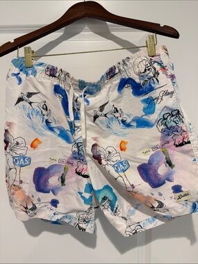 Bather Men's Printed Swim Trunks - White with Blue & Multicolor Accents